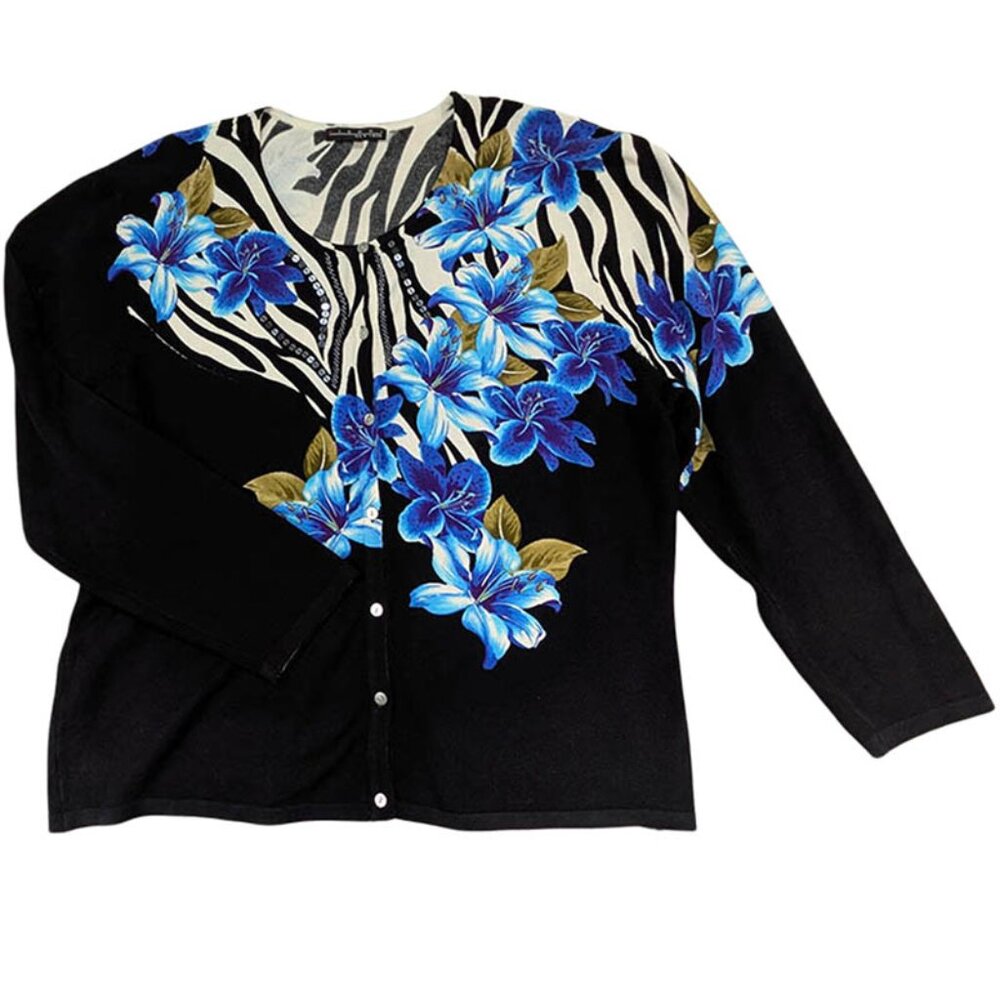 Pierri New York Cardigan Womens 3X Black Floral Vintage Glam Embellished Y2K